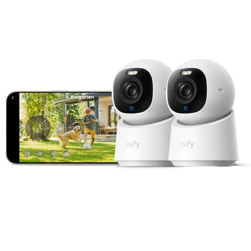 Eufy E30 Indoor Kamera Überwachungskamera - 4K UHD 2er-Pack. Zwei kompakte, weiße Kameras für hochauflösende 4K UHD Innenraumüberwachung.