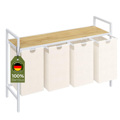 STEELSØN Rigil Wäschesammler 4 Fächer Weiss mit Bambusablage. Weisser Wäschesammler mit 4 Fächern und Bambusablage zum Vorsortieren von Kleidung.