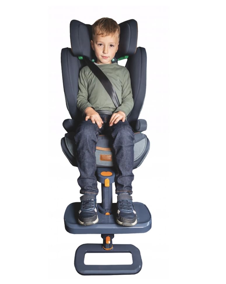 KneeGuardKids 4 Kinder Autositz Fussstütze – Einheitsgrösse. Dunkelgraue, verstellbare Plattform. Stützt Kinderfüsse, vermeidet baumelnde Beine im Autositz.