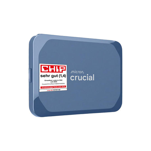 Crucial X10 Externe SSD Festplatte 8TB USB-C. Blau matt, rechteckig. Zur externen Datenspeicherung via USB-C.