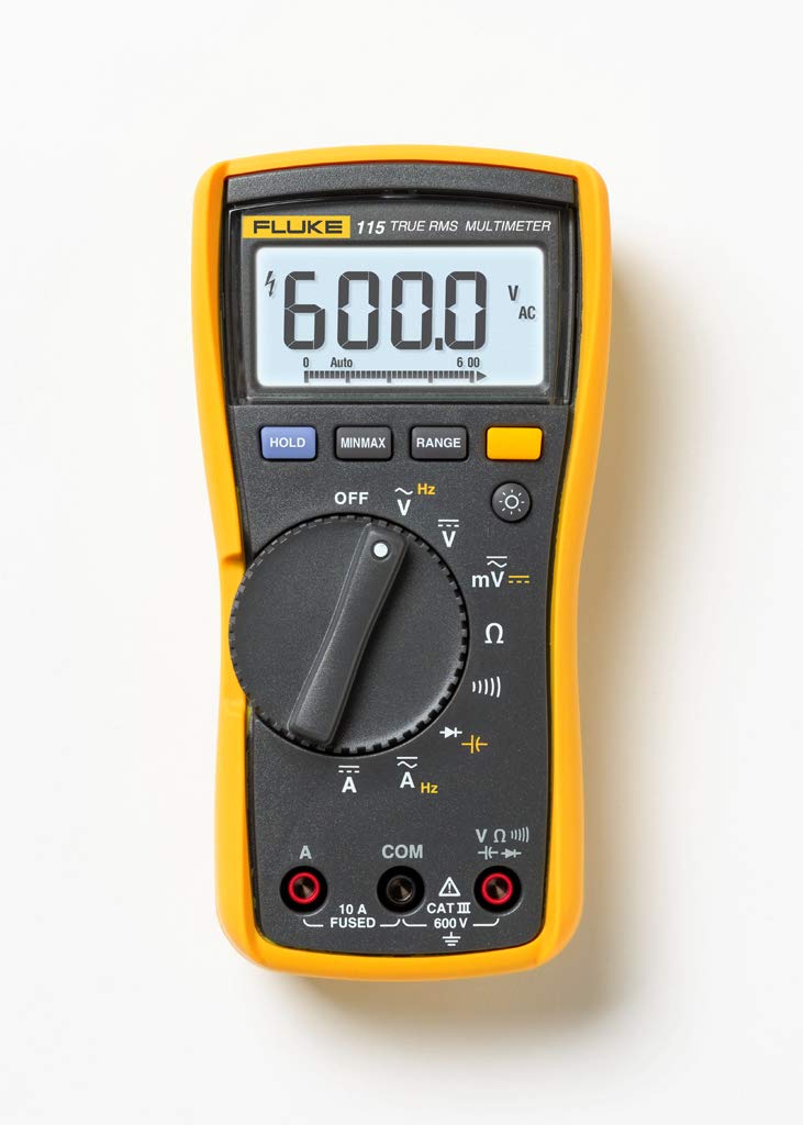 Fluke 115 Echteffektiv-Multimeter – Digitales Universalmessgerät. Gelb-schwarzes Handgerät misst Spannung, Strom, Widerstand; für Elektroarbeiten.