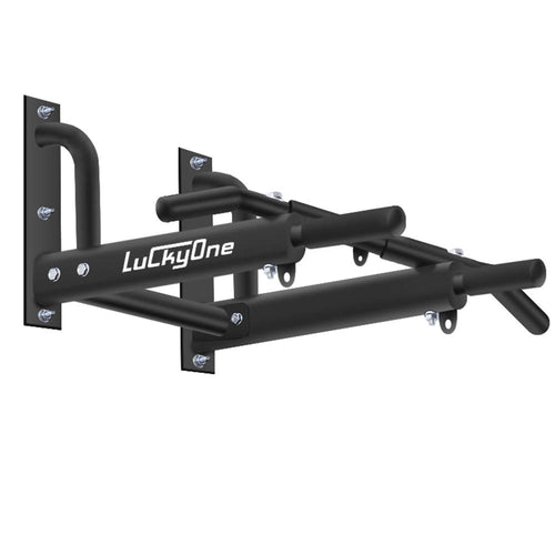 Luckyone Klimmzugstange Wandmontage – 3 Ösen & 6 Griffe. Schwarze Wandstange, 3 Ösen, 6 Griffe. Für Oberkörpertraining.
