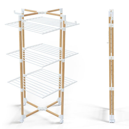 VOUNOT Wäscheständer Turm, klappbar, 3 Ebenen, mit Rollen, Weiss, Stahlgestell in Holzoptik