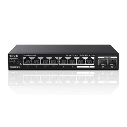 Tenda TEM2010X Unmanaged 2.5G Netzwerk Switch - 8x 2.5G, 2x 10G SFP+: Rechteckiger, schwarzer Switch für Hochgeschwindigkeits-Netzwerkverbindungen.