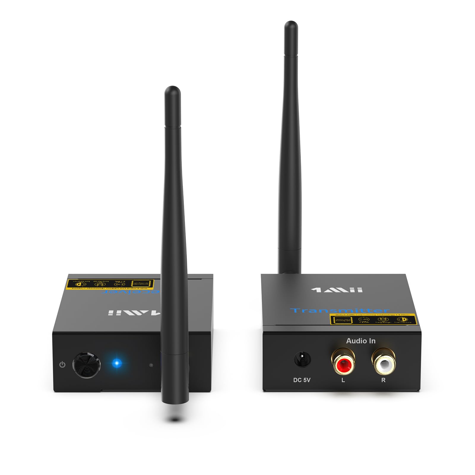 1Mii Drahtlos HiFi Audio Sender Empfänger Kit – 2.4G Low Latency. Zwei kompakte, schwarze Einheiten. Überträgt HiFi-Audio drahtlos und verzögerungsfrei via 2.4G.