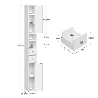 EUGAD Badezimmerschrank, schmaler Badschrank, 20 x 20 x 180 cm, weiss