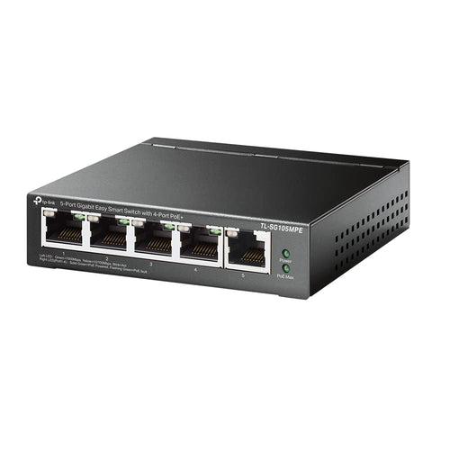 TP-Link TL-SG105MPE 5 Port Managed PoE Switch - 120W Schwarz. Schwarzer 5-Port PoE-Switch für Daten- & PoE-Versorgung.