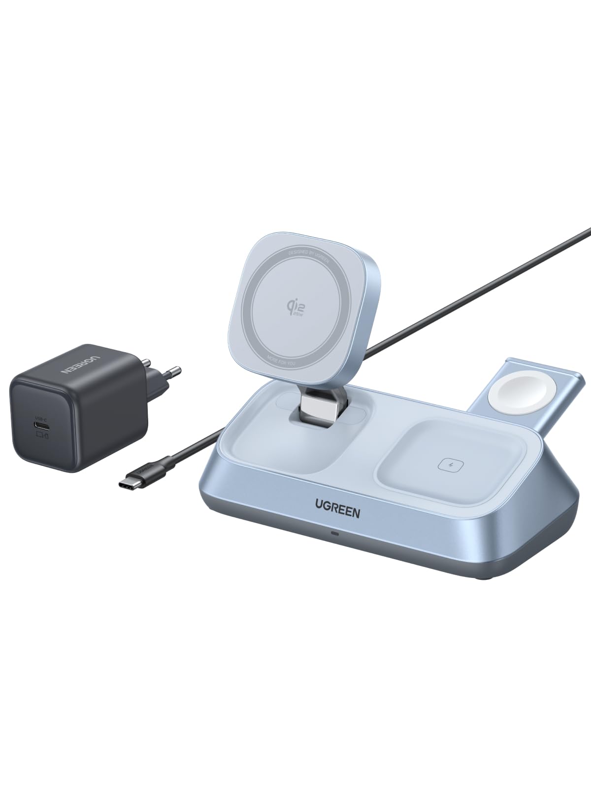 UGREEN MagFlow 3-in-1 Magnetic Wireless Ladeständer 25W Qi2. Schwarzer Ständer lädt iPhone, Watch, AirPods magnetisch kabellos.