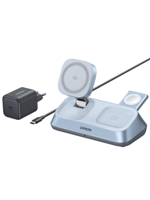 UGREEN MagFlow 3-in-1 Magnetic Wireless Ladeständer 25W Qi2. Schwarzer Ständer lädt iPhone, Watch, AirPods magnetisch kabellos.