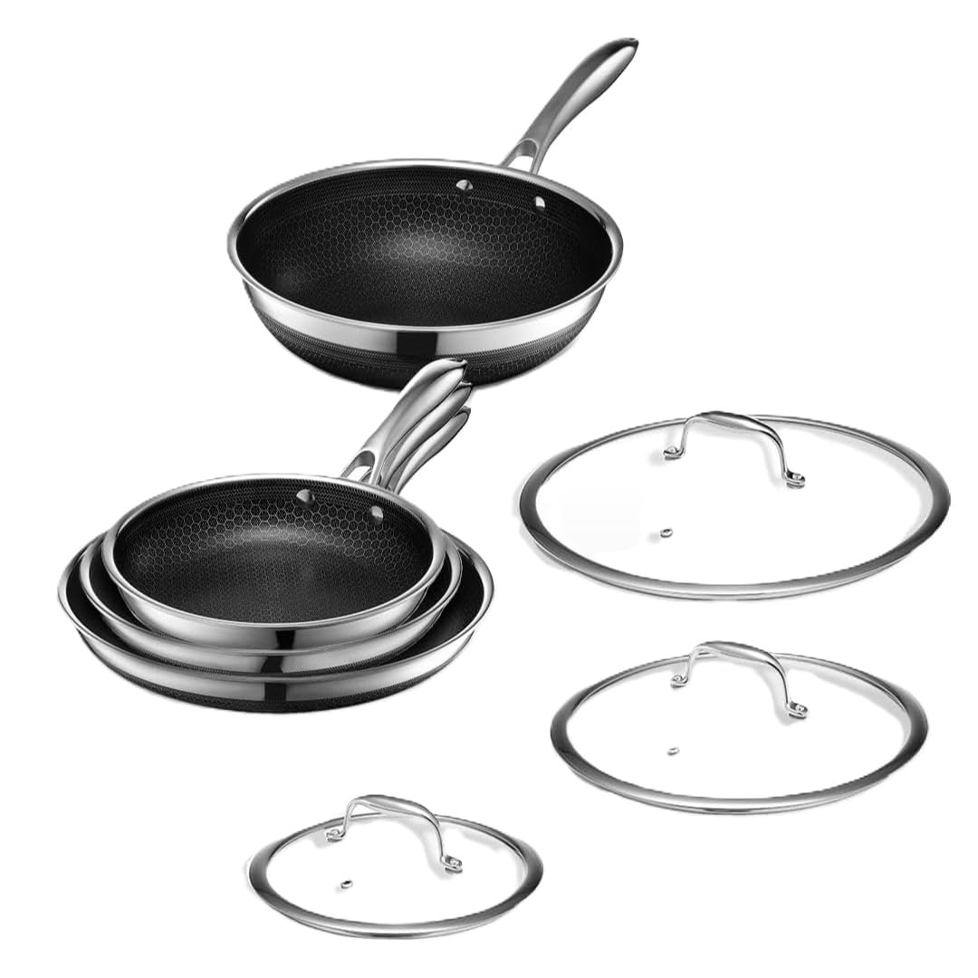 HexClad Hybrid-Edelstahl Kochgeschirr Set - 7-teilig. Rundes, silberfarbenes Set zum Braten und Kochen von Speisen.