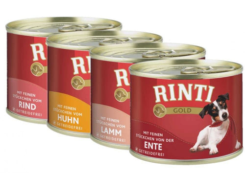 Rinti Gold Multipack Nassfutter 48 x 185g Fleisch-Mix. Runde, metallische Dosen Nassfutter zur Vollernährung von Hunden.