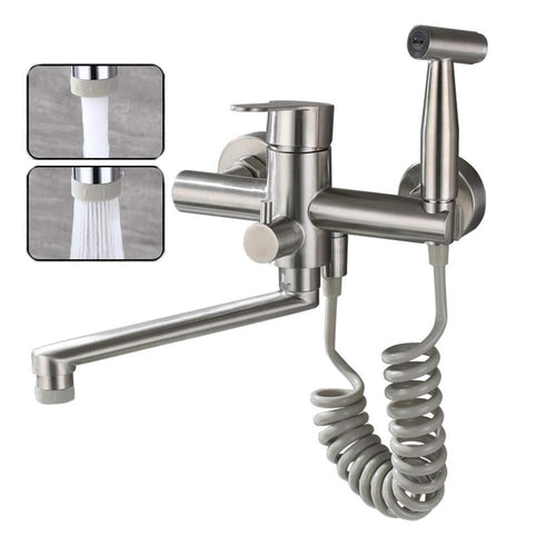 Culinaro Wandarmatur Küchenarmatur 360° Auslauf - Gebürstetes Nickel. Reguliert Wasserfluss am Spülbecken.