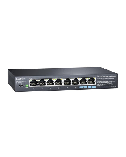 BrosTrend 2.5-Gigabit Netzwerk Switch 8 Port Unmanaged. Rechteckiger, schwarzer Switch mit 8 RJ45-Ports zur schnellen 2.5-Gigabit Datenübertragung.