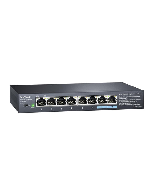 BrosTrend 2.5-Gigabit Netzwerk Switch 8 Port Unmanaged. Rechteckiger, schwarzer Switch mit 8 RJ45-Ports zur schnellen 2.5-Gigabit Datenübertragung.