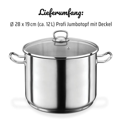 GSW Profi-Jumbotopf Edelstahl Kochtopf mit Glasdeckel, 28 cm, 12 Liter