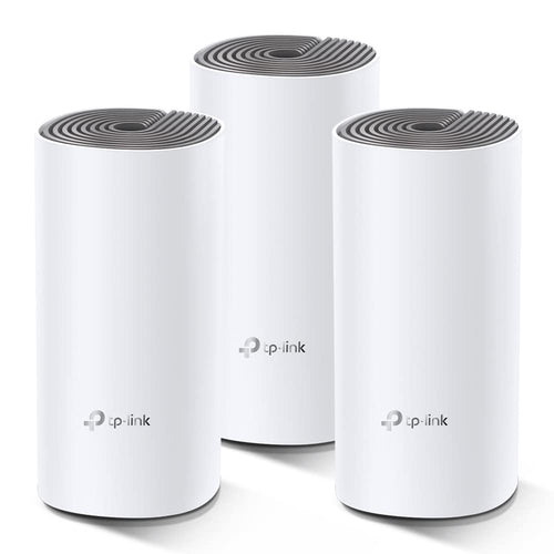 TP-Link Deco E4 Mesh WLAN System AC1200 - 3er Pack Weiss: Drei weiße, zylindrische Stationen schaffen nahtloses AC1200 WLAN für große Wohnflächen.