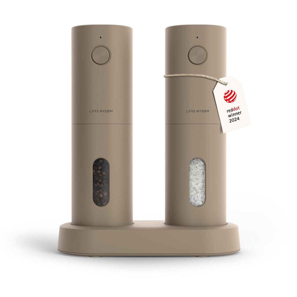 LARS NYSØM Salz- und Pfeffermühlen-Set elektrisch, Taupe Brown – 2 Mühlen mit Ladestation