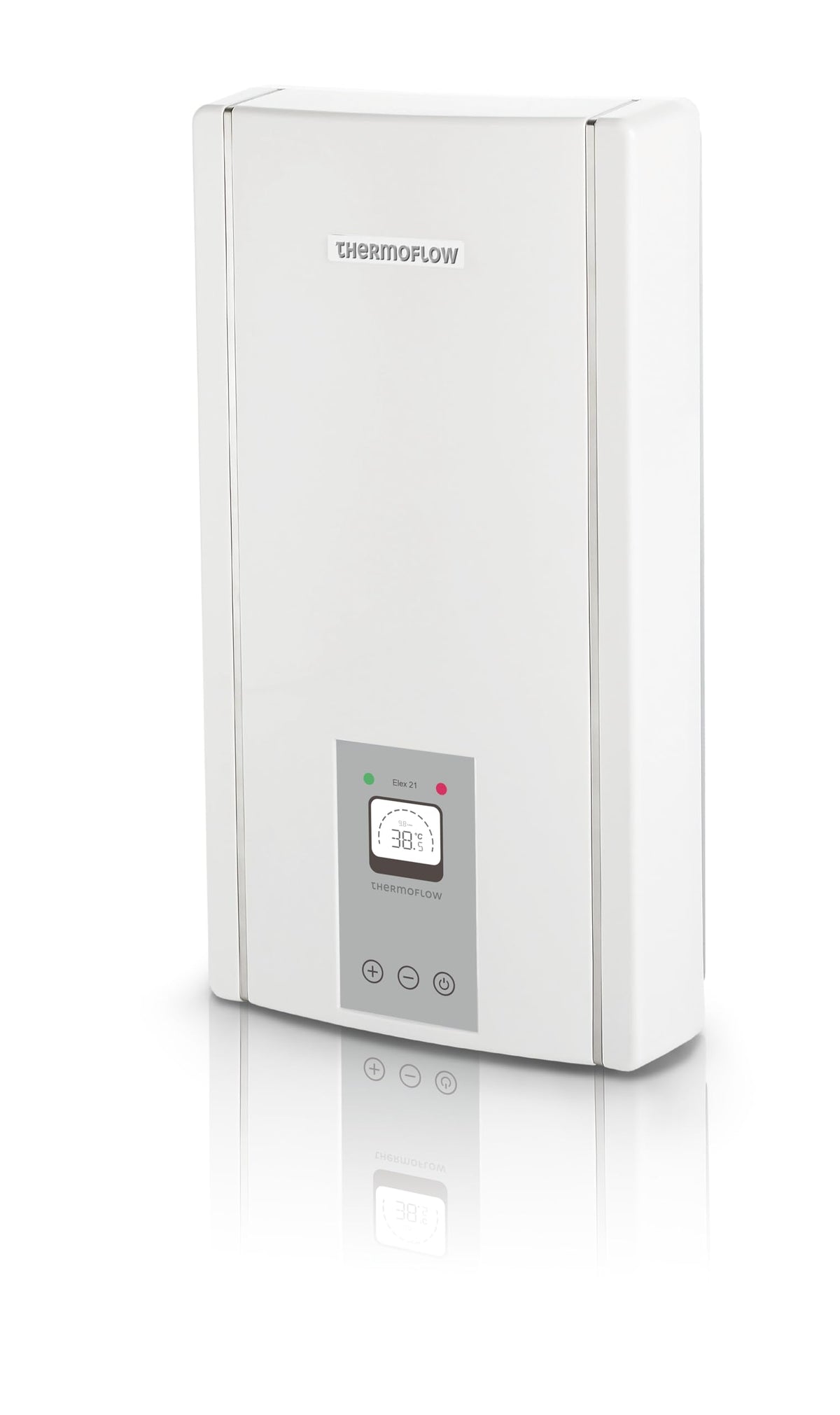 Thermoflow Elex 21 kW Durchlauferhitzer 400 V druckfest. Weißes, quaderförmiges Gerät zur dezentralen Warmwasserbereitung.
