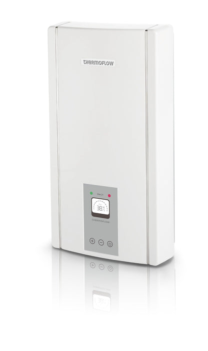 Thermoflow Elex 21 kW Durchlauferhitzer 400 V druckfest. Weißes, quaderförmiges Gerät zur dezentralen Warmwasserbereitung.