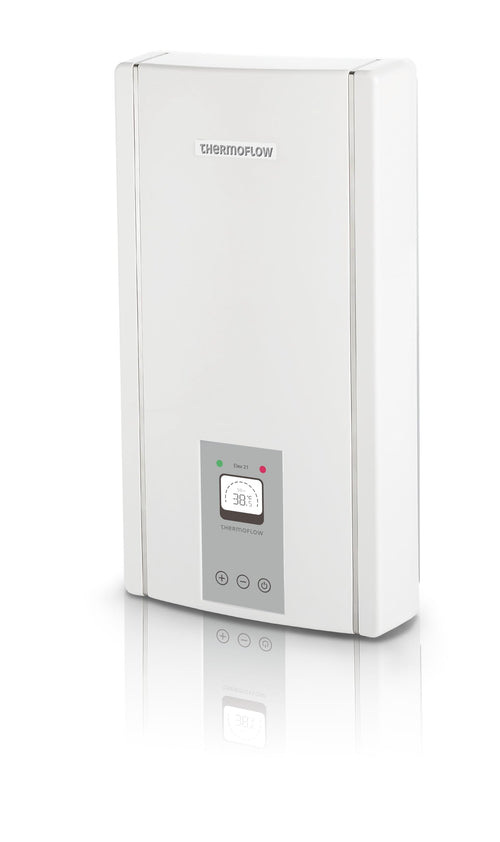 Thermoflow Elex 21 kW Durchlauferhitzer 400 V druckfest. Weißes, quaderförmiges Gerät zur dezentralen Warmwasserbereitung.