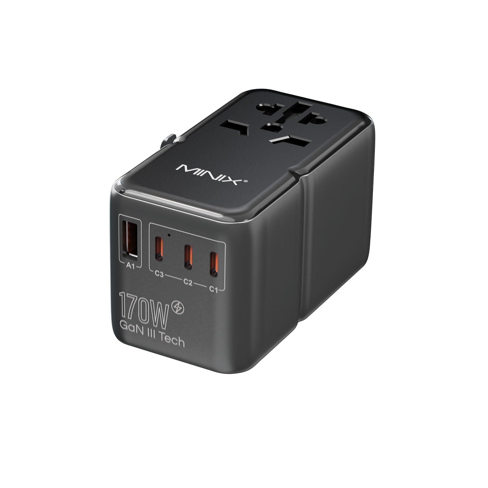 MINIX 170W GaN Reiseadapter Weltweit - 3C1A USB Ports, schwarz, kompakt. Lädt weltweit Geräte über 3 USB-C und 1 USB-A Port.