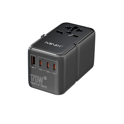 MINIX 170W GaN Reiseadapter Weltweit - 3C1A USB Ports, schwarz, kompakt. Lädt weltweit Geräte über 3 USB-C und 1 USB-A Port.