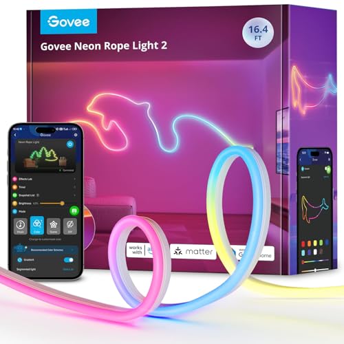 Govee Neon Rope Light 2 RGBIC Neon LED Streifen - 5m Weiss. Flexibler, weißer 5m-LED-Schlauch zur dynamischen RGBIC-Akzentbeleuchtung in Innenräumen.