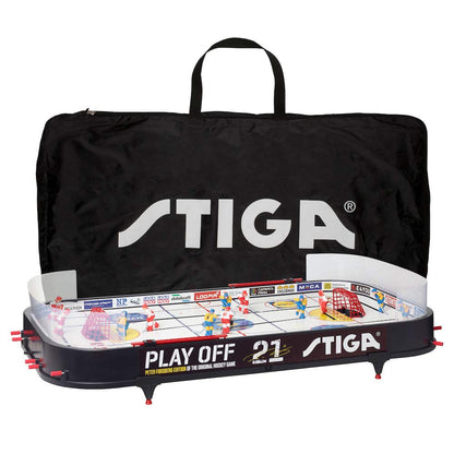 Stiga Playoff 21 Eishockey Tischspiel - Schweden-Kanada. Blaue Spielfläche, Figuren (Schweden/Kanada) und Steuerstangen für Tisch-Eishockey.