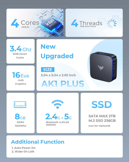 NiPoGi AK1PLUS Mini PC - Intel N95, 8GB RAM, 256GB SSD