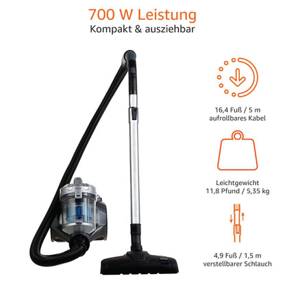 Amazon Basics Zylinder-Staubsauger – 700 W, Beutellos, Schwarz/Blau
