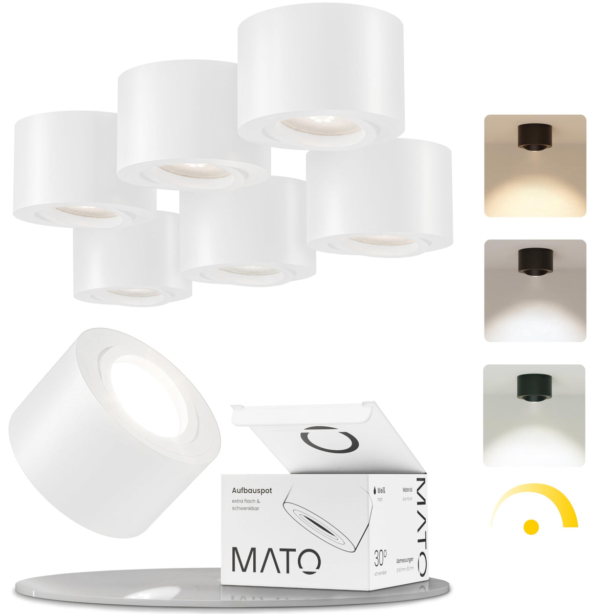 MATO Aufbauspot LED 6er Set Weiss flach schwenkbar Ø80mm. Weiße, runde LED-Spots zur flexiblen Lichtlenkung.