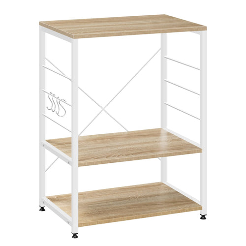 WOLTU Küchenregal Mikrowellenhalter, 3 Ablagen, Weiss + Helle Eiche – Standregal aus Holz und Stahl
