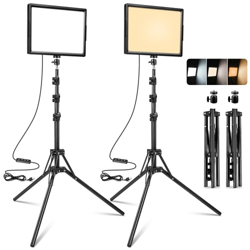 LightPro LED Beleuchtungsset Zweifarbig – Doppelpack mit Stativ: Zwei rechteckige Bicolor-LED-Panels auf Stativen zur präzisen Studiobeleuchtung.