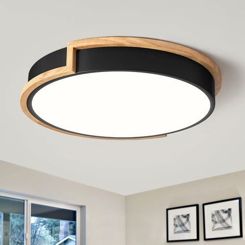 Vikaey LED Deckenleuchte Schwarz 40cm Holz 36W 4000K. Runde, schwarze Leuchte mit Holzdetails für neutrale Raumbeleuchtung.