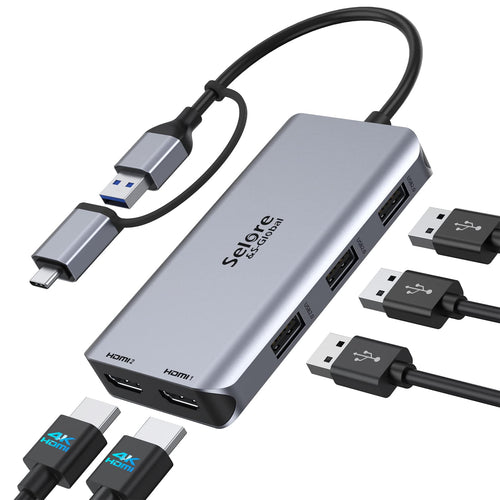 USB 3.0 Docking Station Dual HDMI 4K – USB C Dual Monitor, schwarz. Nutzt USB-C für 2x 4K-Monitore und USB 3.0-Peripherie.