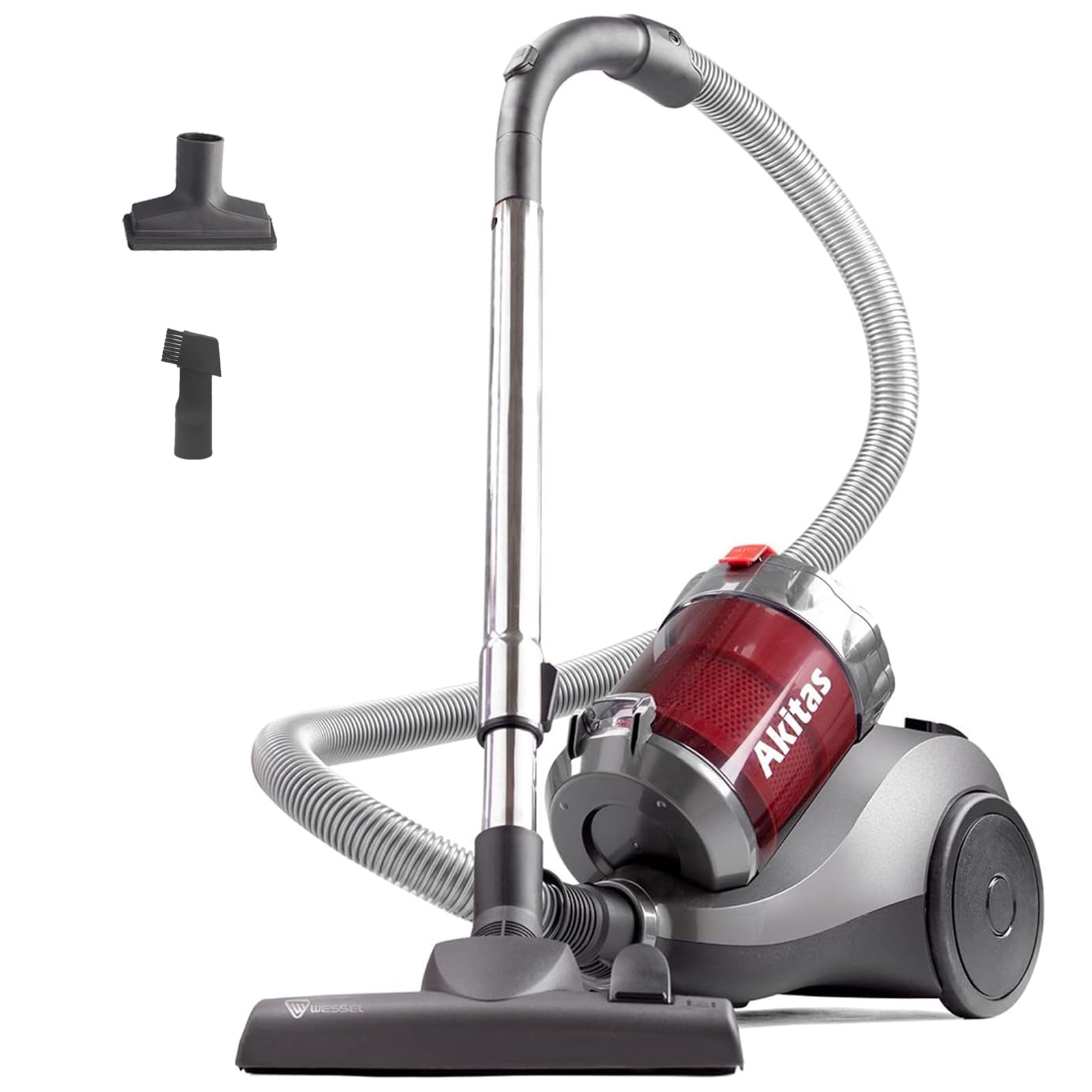 Akitas 800W Beutelloser Staubsauger – Hartböden Teppiche, rot-grauer Bodensauger. Reinigt alle Böden effizient.