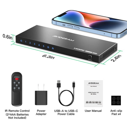 AVIDGRAM HDMI 2.1 Umschalter 8K/4K 120Hz - 5-in-1 mit IR