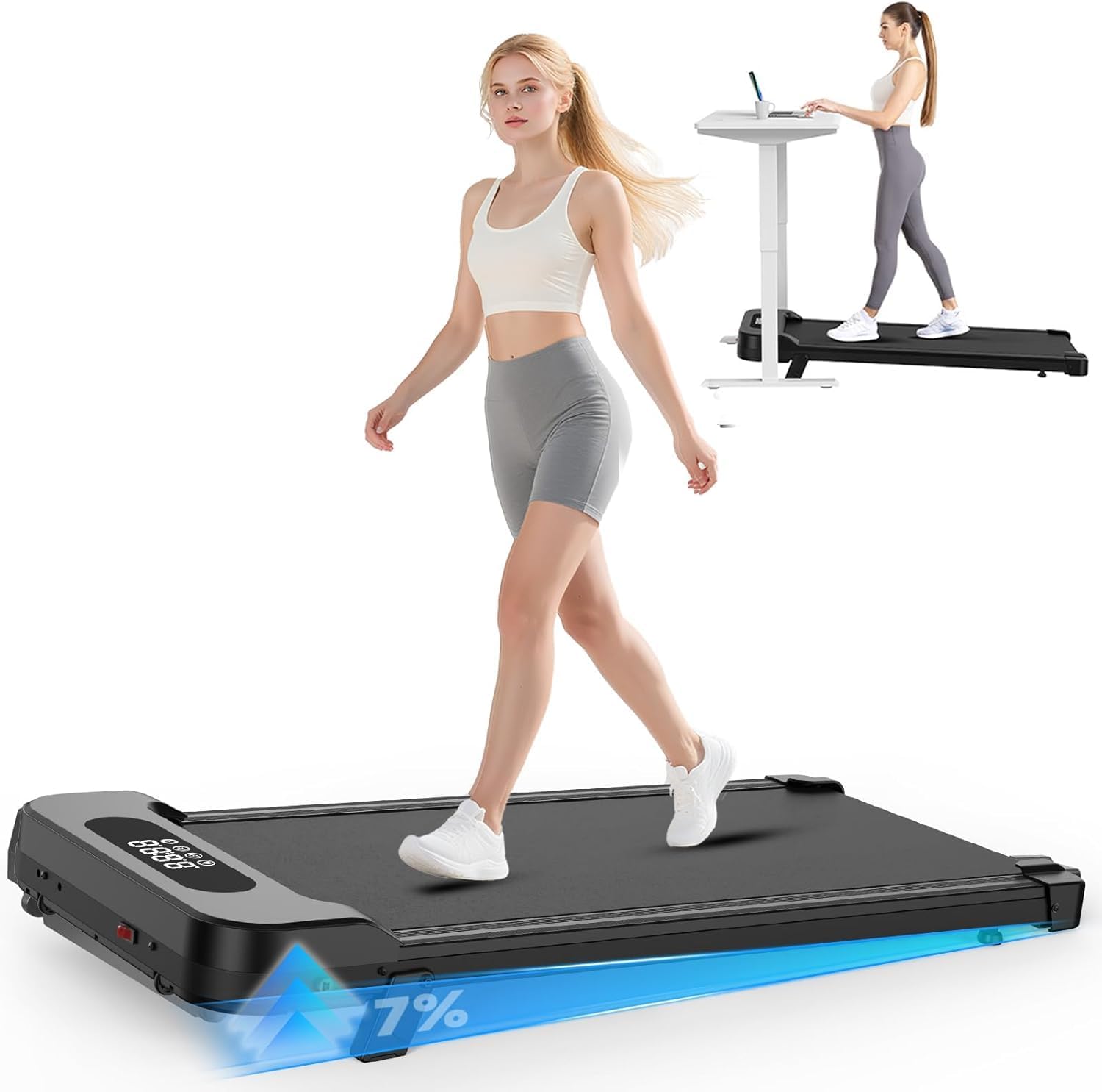 HomeFitnessCode Walking Pad Untertisch Laufband Neigung. Schlankes schwarz-weißes Laufband für Fitness beim Arbeiten, mit verstellbarer Neigung.
