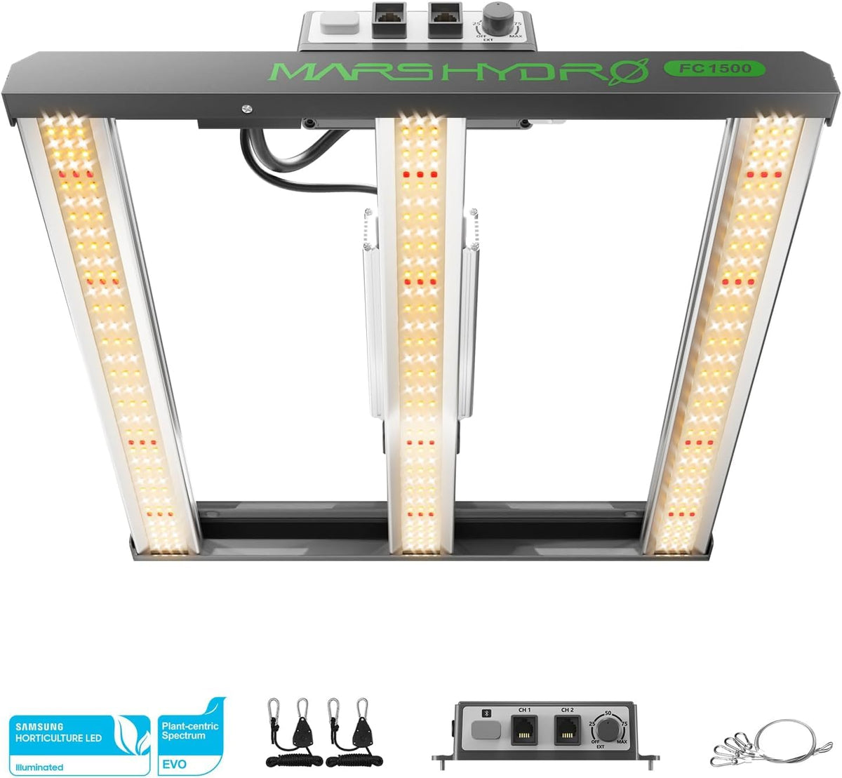 MARS HYDRO Smart FC1500 LED Grow Lampe - 150W Vollspektrum, rechteckige Metallplatte. Fördert Pflanzenwachstum.