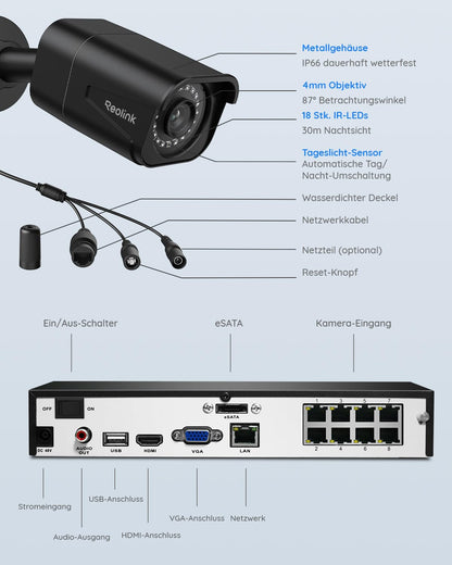 Reolink RLK8-800B4 4K Überwachungskamera Set, 4 PoE Kameras, 2TB NVR