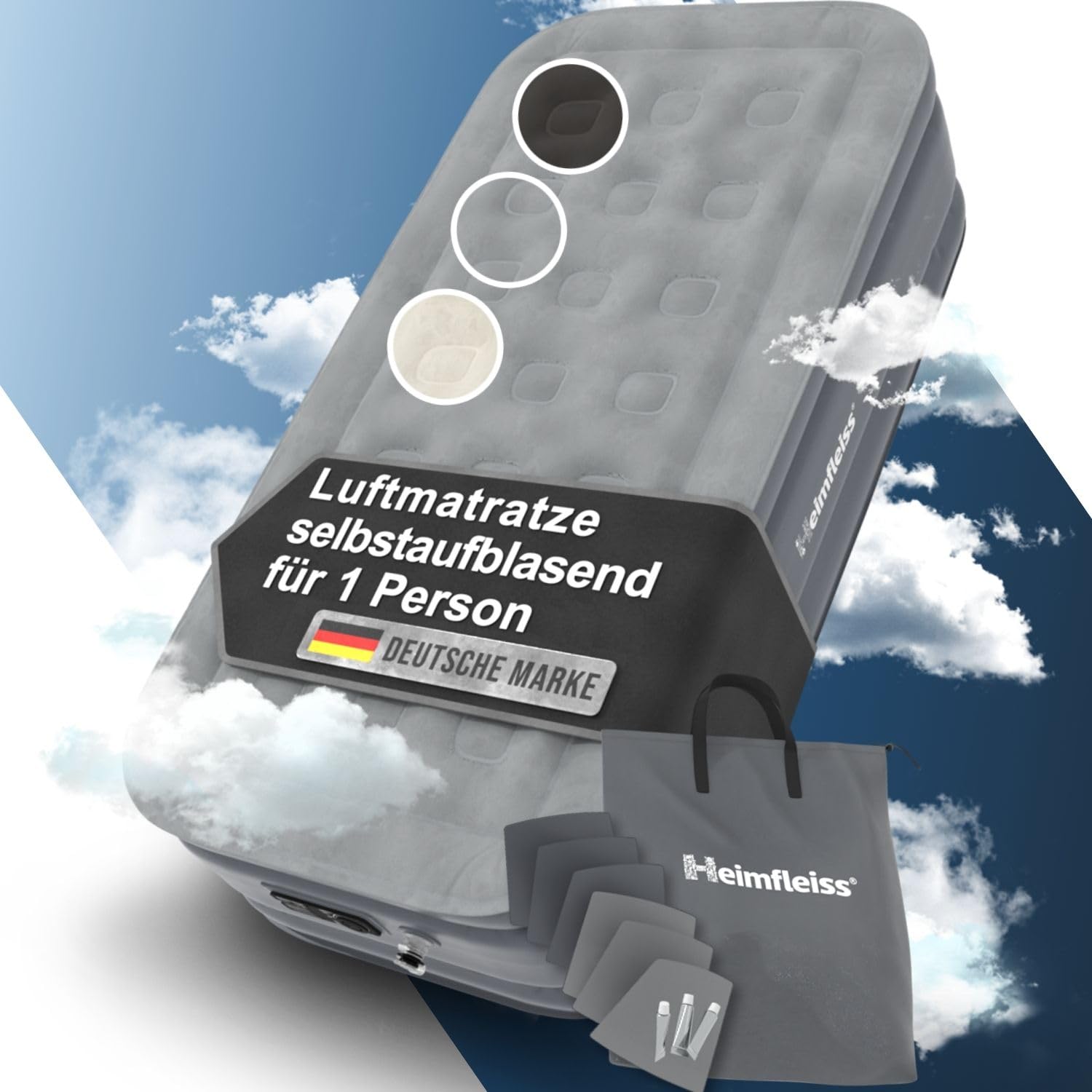 Heimfleiss Premium Luftmatratze selbstaufblasend 1 Pers. - 100x200 cm. Ideal als komfortable Einzel-Schlafunterlage für Camping oder Gästezimmer.