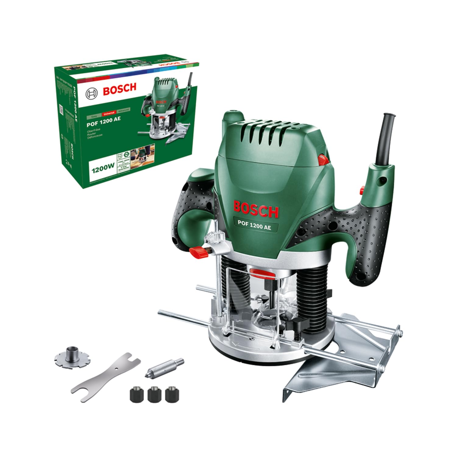 Bosch POF 1200 AE Oberfräse: Grüne Oberfräse zum präzisen Fräsen von Nuten, Kanten und Profilen in Holz.
