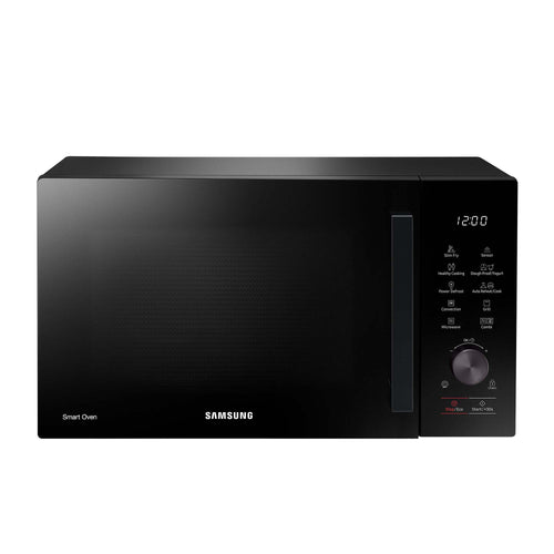 Samsung MC28A5137KK/E1 Kombi-Mikrowelle – Schwarz. Rechteckiges, schwarzes Gerät zum Erhitzen, Grillen und Backen von Speisen.