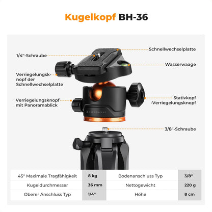 K&F CONCEPT Kamerastativ S255A3+BH-36, Reisestativ 190 cm