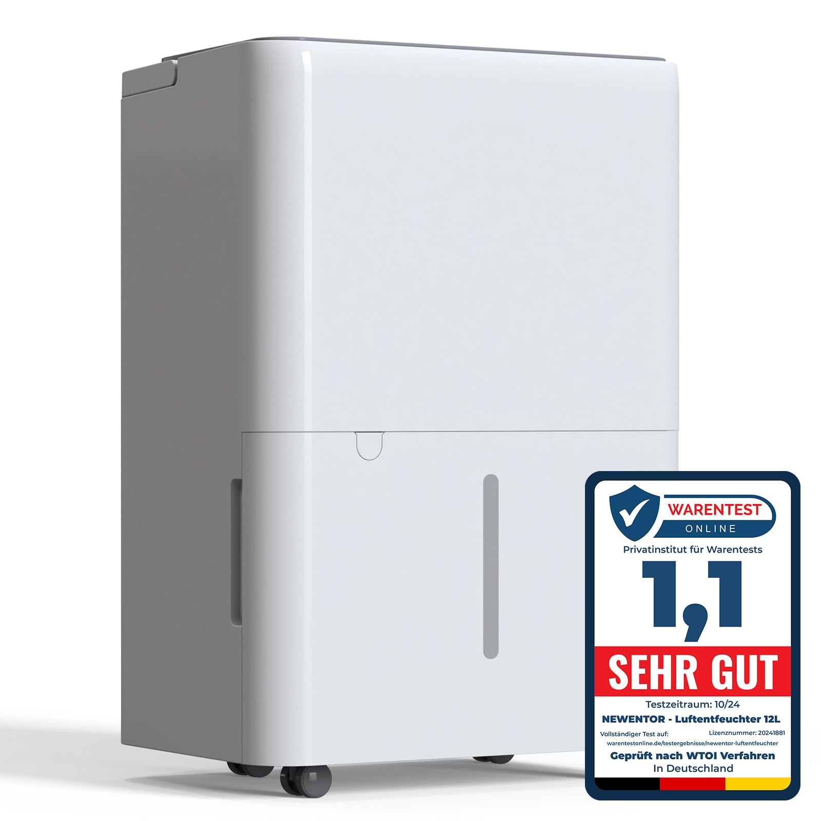 Newentor 12L Luftentfeuchter Elektrisch für Keller. Kompaktes, weißes Gerät entzieht der Raumluft Feuchtigkeit.