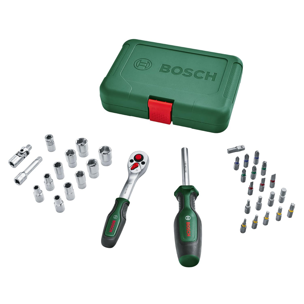 Bosch Ratschen- und Steckschlüsselsatz 1/4 Zoll, 34-teilig im Aufbewahrungskoffer
