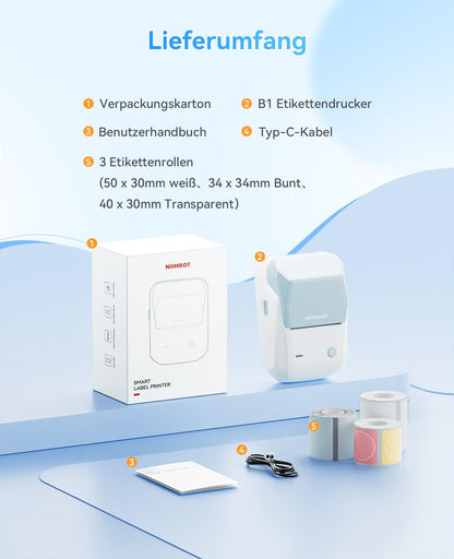 NIIMBOT B1 Etikettendrucker Bluetooth mit 3 Etikettenrollen, Blau