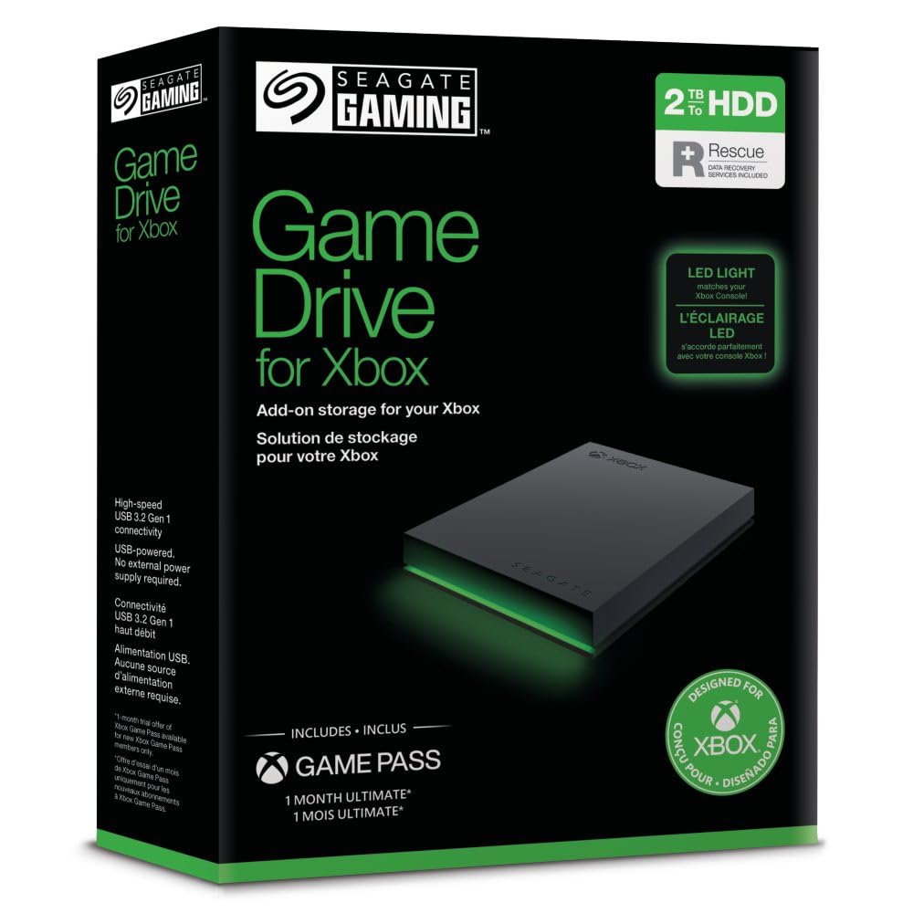 Seagate Game Drive Xbox 2TB Tragbare Externe Festplatte. Rechteckig, schwarz-grün. Speichert Xbox-Spiele.