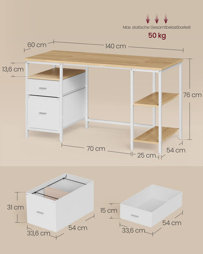 VASAGLE Computertisch LWD104Y01 mit 2 Schubladen, 140 x 60 cm