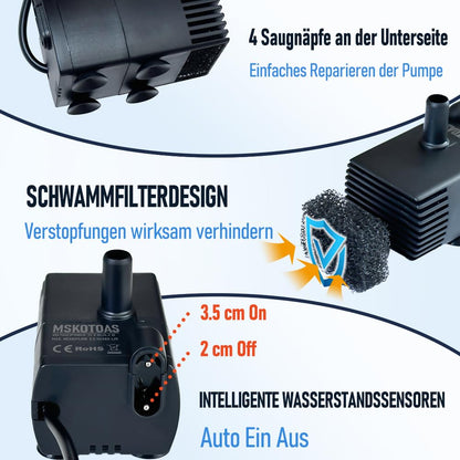 MSKOTOAS Mini-Tauchpumpe JN206, automatisch, 280 l/h, 2,5 m Förderhöhe